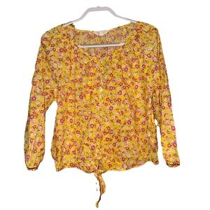Land n’ Sea Floral Yellow Women's 3/4 Sleeve Tie Waist Button Up Top Sz Large